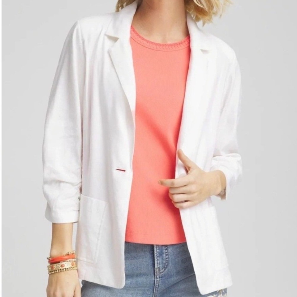 Chico's Size 4 White Linen 3/4 Ruched Sleeve Blazer Women's Size XXL Minimalist